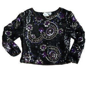 Vintage Sequin Silk‎ Top Women XL Colorful Abstract Bright Art Bohemian Hippie